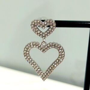S925 Silver Post Stainless Steel Cubic Zirconia Double Heart Dangle Earrings
